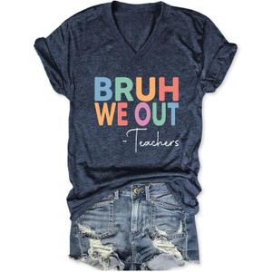 End of Year Teacher Shirt Bruh We Out Teachers Shirt Last Day of School Summer Vacation V Neck Graphic Tee Tops (L)