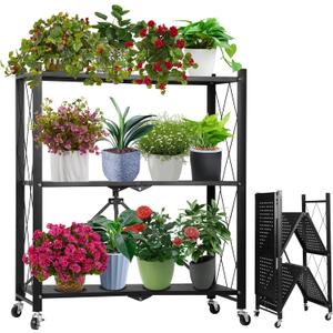 Metal Plant Stand - 3 Tier Folding Plant Display Rack for Indoor Flowers, Black