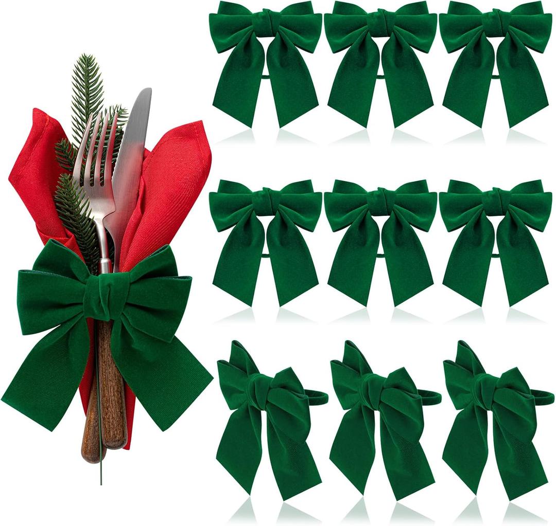 10 Pcs Bow Napkin Ring 1.7 Inch Diameter Chic Velvet Napkin Buckle holder for Holiday Birthday Party Anniversary Dinner Wedding Dining Table Decoration(Green)