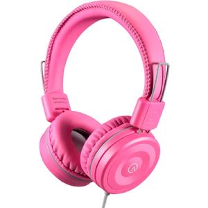 noot products Kids Headphones K22 Foldable Stereo Tangle-Free 5ft Long Cord 3.5mm Jack Plugin Wired On-Ear Headset for iPad/Amazon Kindle Fire/Girls/School/Laptop/Travel/Plane/Tablet FlamingoPink