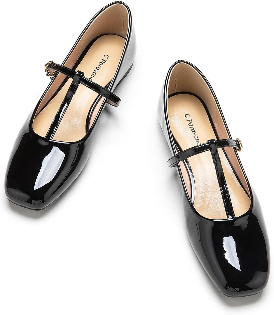 C.Paravano Mary Jane | Flats for Women | Ballet Flats | Mary Janes Shoes for Women | Square Toe Flats (Size 7, Black)