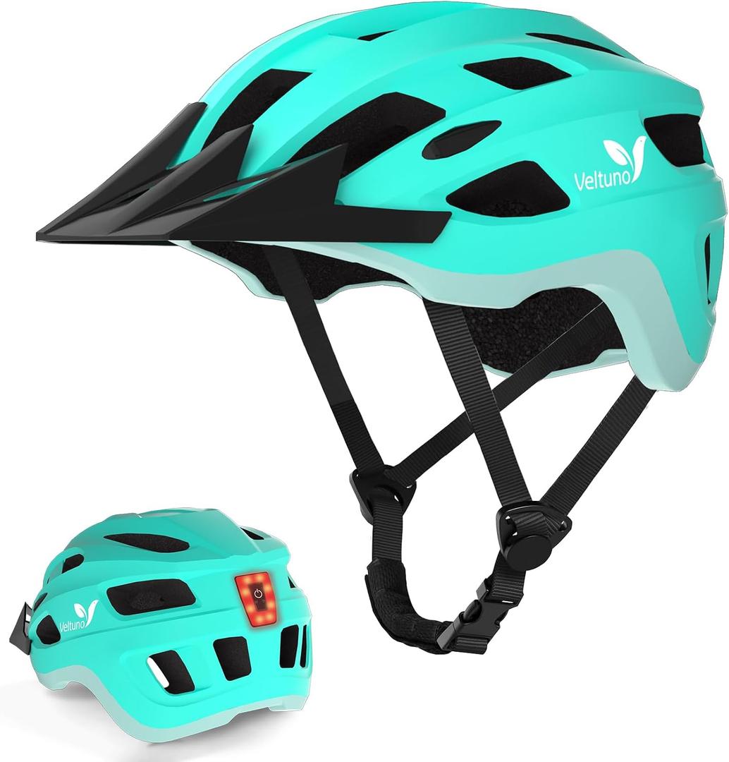 Veltuno Bike Helmet for Adults, Lightweight Mountain Bicycle Helmet with USB Rechargeable LED Rear Light, Removable Sun Visor for Women, Men, Suitable for Cycling and Commuting (Cyan, Medium)