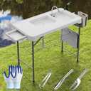 ERGMASTER Fish Cleaning Table with Sink 42.6" Width Portable Folding Camping Table with Measure Mark|Outdoor Fish Cleaning Station with Grid Rack&Fish Cleaning Kit for Picnic, Patio