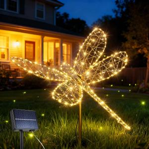 Lomotech Solar Garden Lights - 18" 240 Leds Foldable Outdoor Dragonfly Garden Decor, Waterproof Larger Outdoor Solar Lights with Iron for Garden Patio Yard Lawn Pathway Decorations (Warm White)