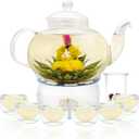 GURUDAR Glass Teapot Set, 27OZ/800ML Stovetop Safe Glass Tea Kettle with 6 Small Double Wall Tea Cups & Loose Tea Infuser & Tea Warmer, Microwave & Dishwasher Safe Tea Maker, Blooming Tea Gift Set