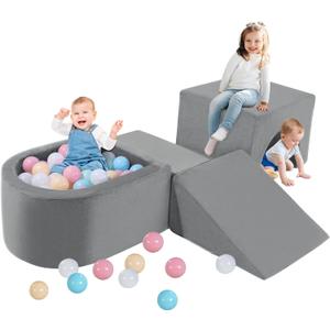 HOMBYS Foam Climbing Blocks for Toddlers with Ball Pit & Tunnel, Luxury Velvet Soft Play Climb and Crawl Activity Playset-Soft Play Set in Door-4 PCS Toddler Climbing Toys, Grey