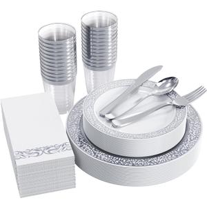 FOCUSLINE 175 Ct Silver Dinnerware Set for 25 Guests, Plastic Plates with Silver Lace Rim Design, Including 25 Disposable Dinner & Dessert Plates, Cups, Napkins, Cutlery Set