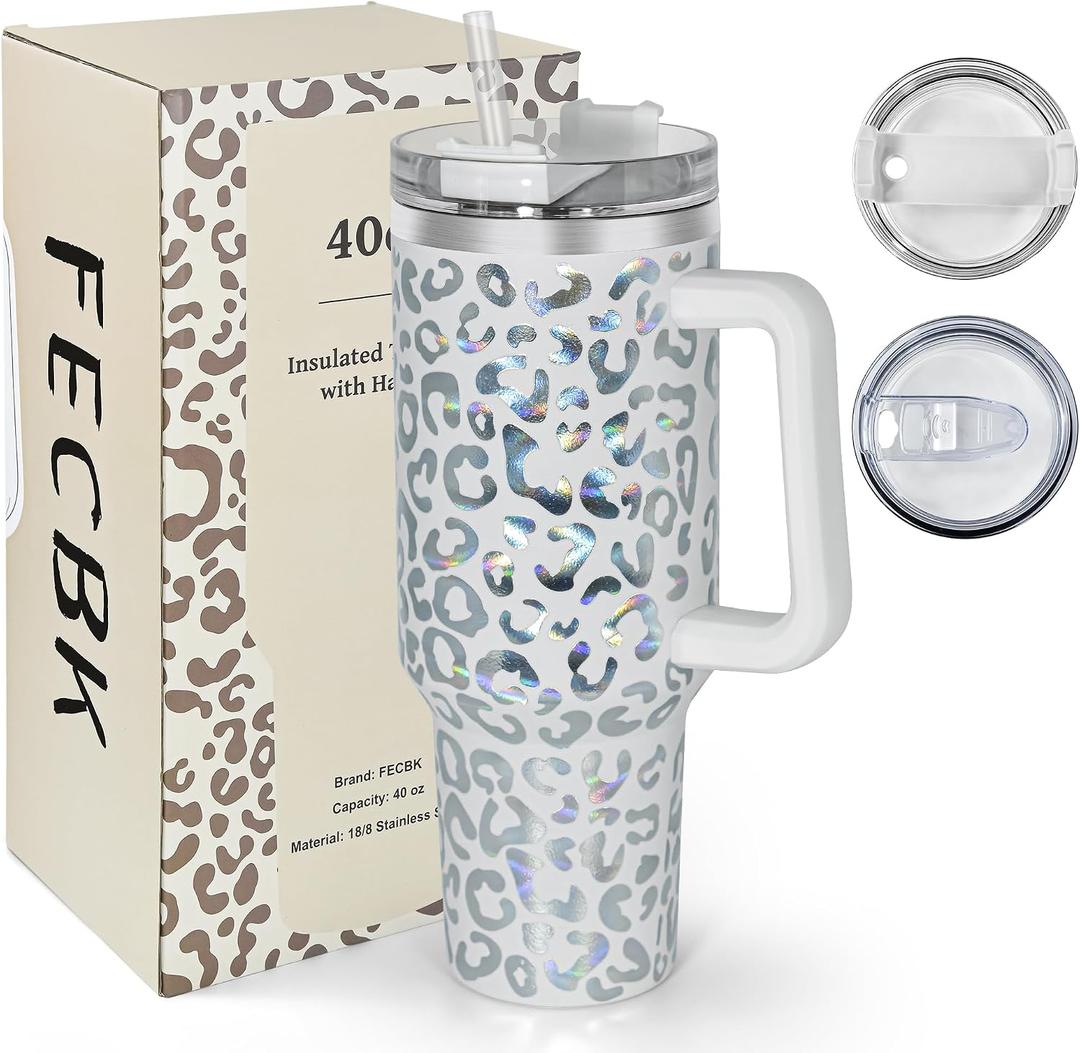 40 oz Tumbler with Handle and Straw, 100% Leak-Proof Travel Mug, Stainless Steel Double Wall Vacuum Insulated Coffee Cup Keeps Cold For 34 Hours, Dishwasher Safe, White Leopard