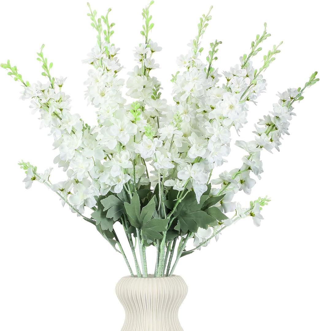 12 Pcs White Delphinium Artificial Flower 34'' Long Larkspur Stem White Fake Faux Silk Flowers Bulk for Tall Vase Floral Arrangements Home Centerpiece Table Wedding Decor