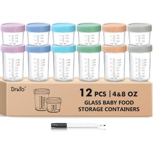 DRKIO 12 Pack Glass Baby Food Storage Containers - 4 & 8 oz Baby Food Jars with Lids Baby Food Maker Microwave Dishwasher Freezer Safe 100% Leak Proof BPA Free Reusable