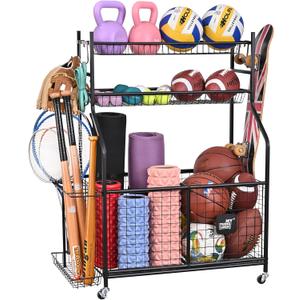Mythinglogic Sports Equipment Garage Organizer,Garage Ball Storage for Sports Gear and Toys, Rolling Ball Cart with Wheels for Indoor/Outdoor Use (Black)