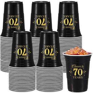 Ziliny 50 Pack 70th Birthday Decorations Birthday Cups 16 oz Disposable Plastic Gold and Black Cheers to 70 Years Cups for Men Women Hot Cold Drinks for Wedding Anniversary Supplies