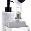 ZCCZ White Soap Dispenser with Sponge Holder, Kitchen Soap Dispenser Pump, Sponge Caddy and Brush Holder 3 in 1 Set Organizer for Sink Countertop, Removable Tray, Marble Look (Brush NOT Included)