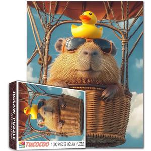 Sunglasses Animal Capybara Jigsaw Puzzles for Adults 1000 Pieces, Sky Hot Air Balloon Art Puzzles for Challenging Family Activity Games Colorful DIY Crafts Puzzle for Home Decoration Gifts