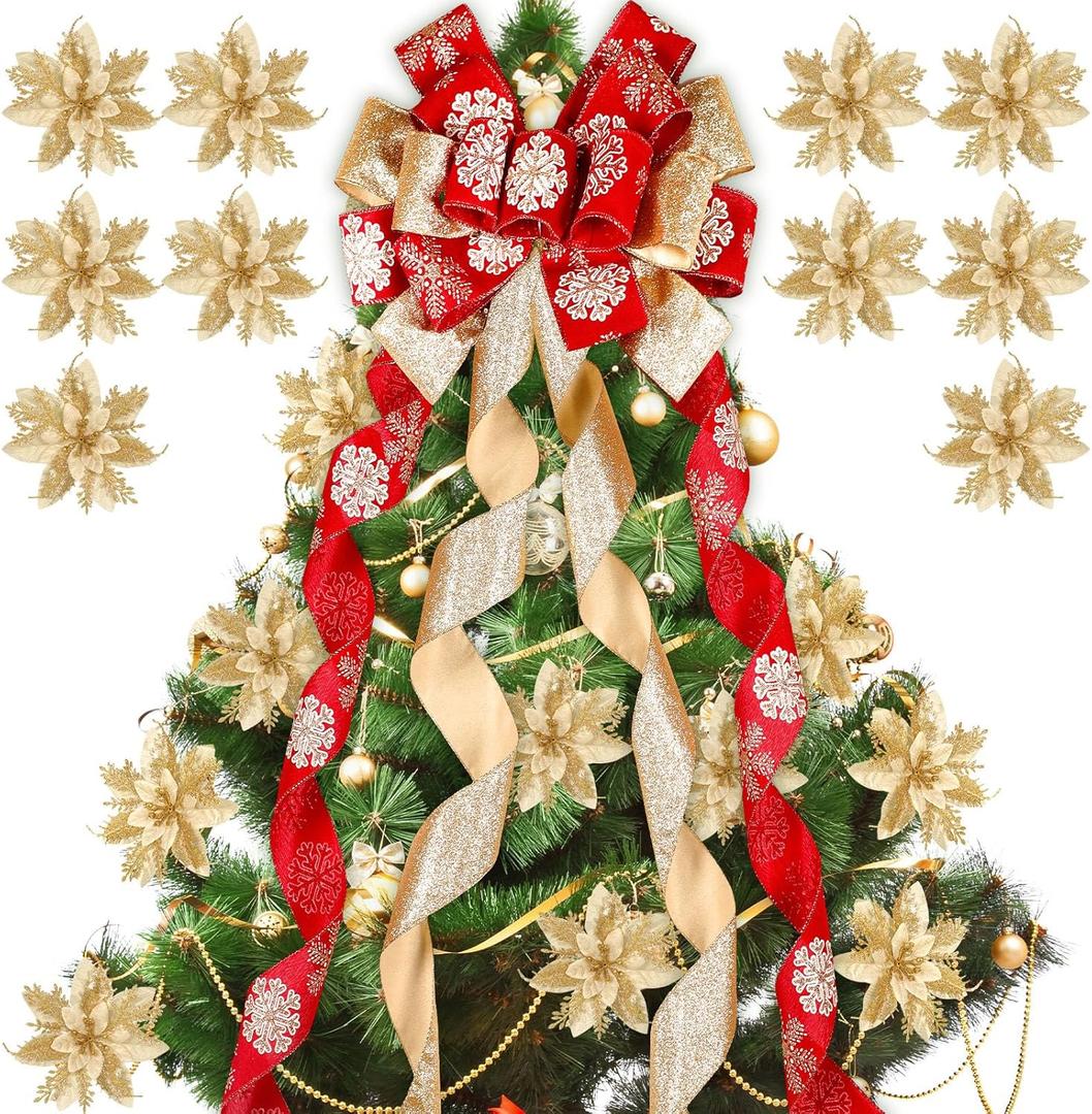 Tigeen 48 x 13 Inches Large Christmas Tree Bow Topper with 8 Pcs 5.5 Inches Attachable Poinsettia Flowers Glitter Snowflakes Burlap Tree Toper Ribbon Bow for Holiday Hanging Ornament(Glitter Flakes)