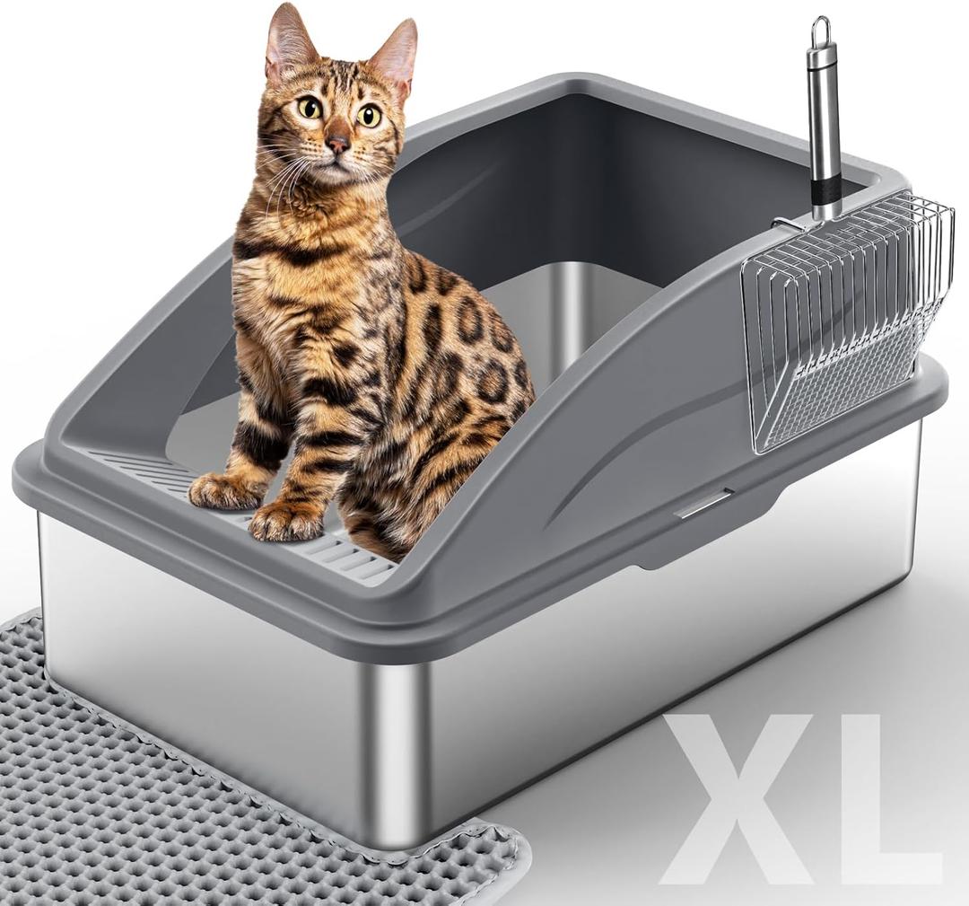 Stainless Steel Litter Box, Extra Large Litter Boxes for Big Cats, XL Metal Cat Litter Box with Lid, Anti-Urine Leakage, Non-Sticky, Include Cat Mat and Litter Scoop (Gray)
