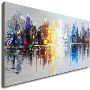 Hand-painted Textured City Oil Painting on Canvas Reflection Abstract Cityscape Wall Art for Decor, 40"L x 20"W