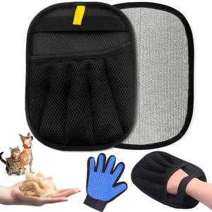 2 x 2-Piece Pet Hair Removal & Grooming Kit: Static Hair Remover Glove for Furniture, Carpet, Couch + Gentle Pet Grooming Glove for Cats & Dogs