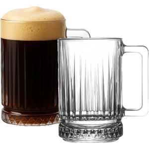 Mask el turko Big Coffee Glasses, Large Coffee Cups, Latte Glasses, Coffee Mugs with Handles, Tea and Cappuccino Cup, Ribbed Glassware (2 Pcs (10.4oz))