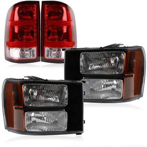 Headlights Tail Lights Kit Compatible with 2007-2013 GMC Sierra 1500 2500 3500 Black and Red Head light Rear Taillights Assembly