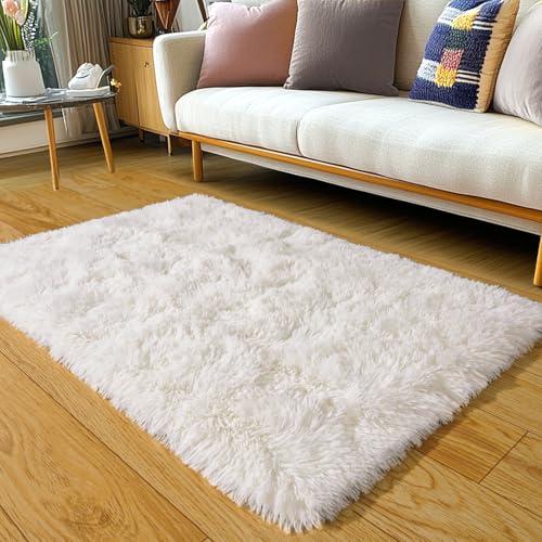 KING DARE 2x3 Area Rugs for Bedroom, Cream White Small Throw Rug for Dorm, Soft Fluffy Shaggy Plush Fuzzy Shag Non-Slip Washable Carpet for Bedside Closet Girls Boys Room