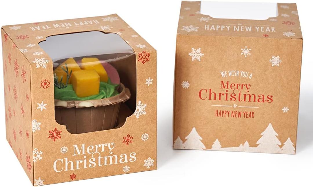 Happyhiram Christmas Cupcake Boxes 100 Pcs Bulk, Individual Cupcake Box Brown Kraft and Window for New Year and Holiday for Ornament Gift Boxes Coca Bombs Packaging for Winter Party Favors