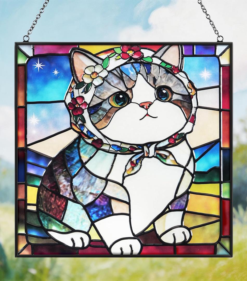 Cat Stained Glass Window Hanging, 7.9" Square Suncatcher with Chain Suction Cup, Cute Kitten Sun Catchers Indoor Window, Colorful Cat Decor for Wall, Porch, Birthday, Tuxedo Cat