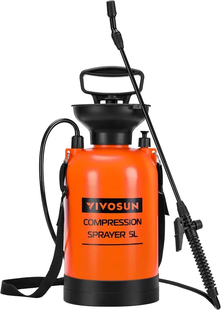 VIVOSUN 1.35-Gallon Pump Pressure Sprayer, Pressurized Lawn & Garden Water Spray Bottle with Adjustable Shoulder Strap, for Spraying Plants, Garden Watering and Household Cleaning (Orange)