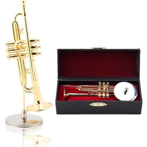 Miniature Trumpet Model, Brass Delicated Golden Mini Trumpet Mini Instrument Ornament Decoration Instrument Model Musical Ornaments Musical with Stand and Case