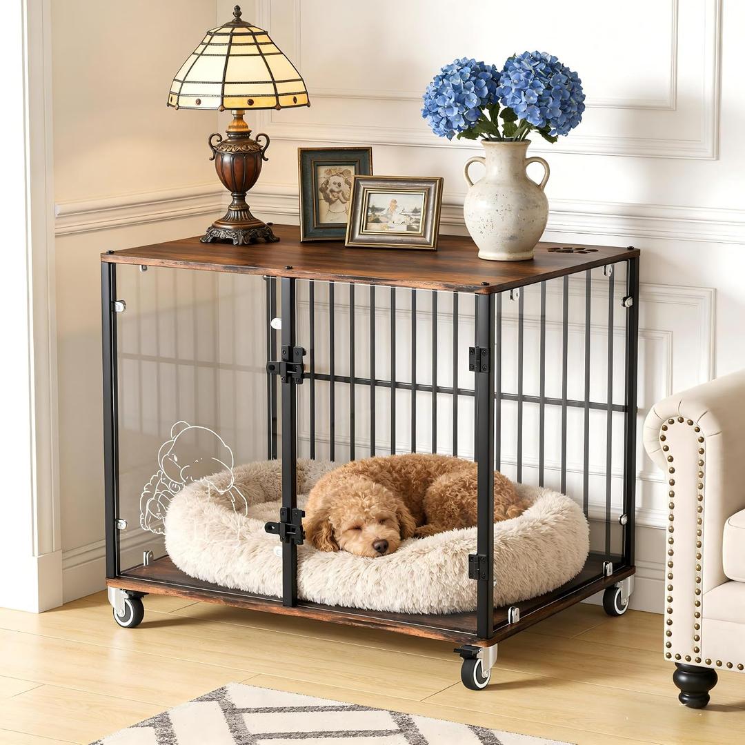 Bingopaw Dog Crate Furniture: Indoor Puppy Kennel Made by Clear Tempered Glass Breathable with Wooden Table - Decorative Pet Cage Lockable with Rolling Wheel for  Dogs