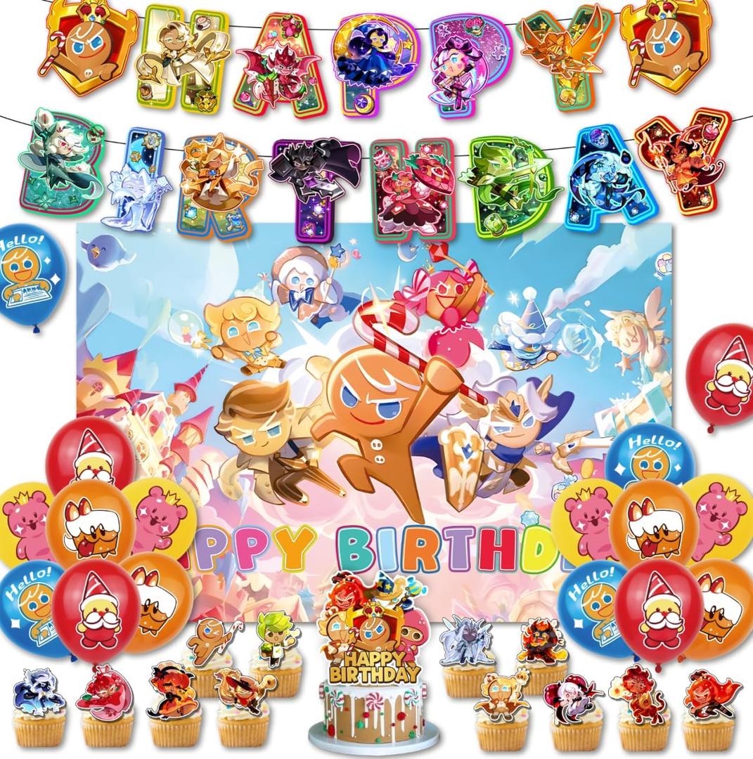 Cookie Run Kingdom Birthday Party Decorations Set Cute Cartoon Fun Supplies, Banner, Balloons, Cupcake Toppers, Large Cake DecorationsBackdrop
