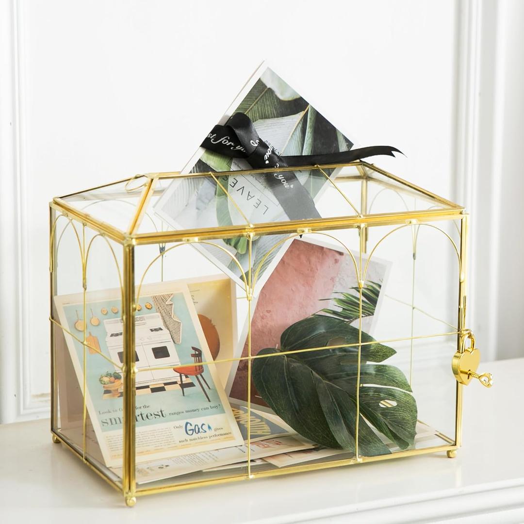 Glass Wedding Card Box with Slot, 10.2'' Large Clear Card Box Gold Brass Gift Card Storage Box with Lock Perfect for Wedding Receptions, Baby Shower, Birthday Party, Bridal Shower