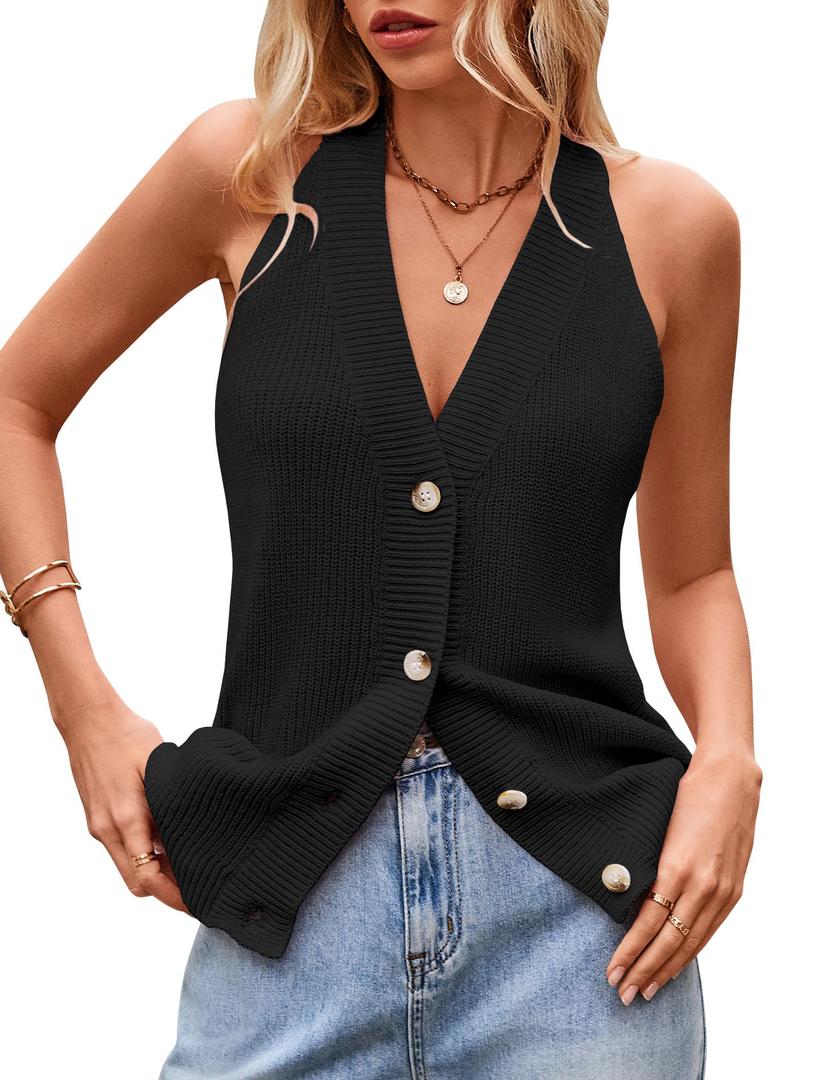 Women Sweater Vest Button Down V Neck Knit Tank Top Sleeveless Cardigans Black S (Black, S)