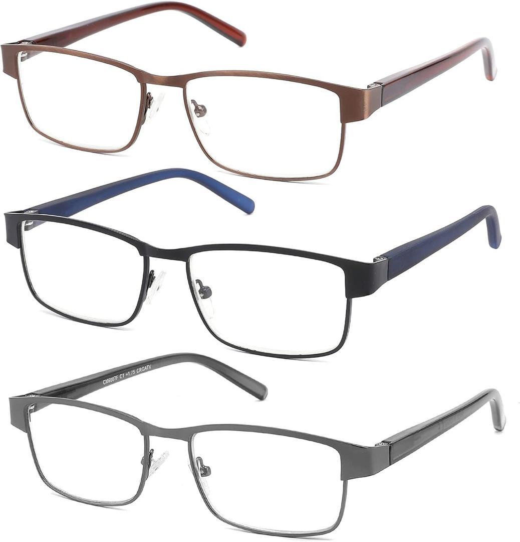 CRGATV 3-Pack Reading Glasses for Men Blue Light Blocking Metal Full Frame Computer Readers Anti UV/ Eye Strain/ Glare (+2.0 Magnification Strength)