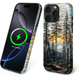 Magnetic Case for iPhone 15 Pro Max,Compatible with Magsafe,PC Hard Shell Silicone Inner Bumper,Anti-Scratch Full-Body Cover Shockproof Slim Case for iPhone 15 Pro Max - Mountains Sunset