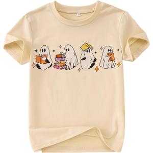 SOFEON Halloween Shirts for Kids Girls Boys Ghost Reading Books Shirt Spooky Season T-Shirt Cute Ghost Graphic Tees Tops (7-8 Years)