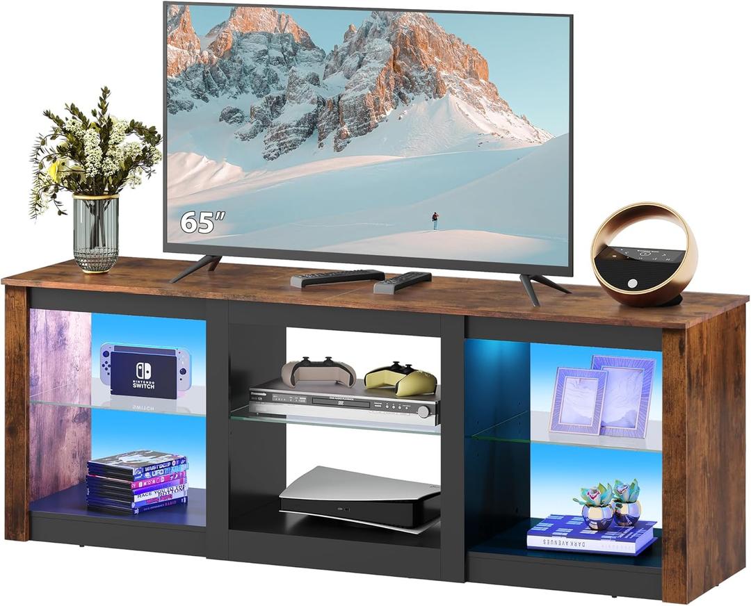 WLIVE LED TV Stand for 65-Inch TV, 58-Inch Entertainment Center with Adjustable Glass Shelves, Modern Media Console for Living Room & Bedroom, Rustic Brown