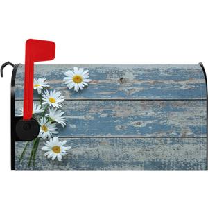 Baocicco White Daisy Magnetic Mailbox Cover Vintage Blue Wood Grain Mailbox Covers Magnetic Spring Flower Mailwraps Standard Size 21x18 Inch Mailbox Wrap Post Letter Box Covers for Outdoor Decorative