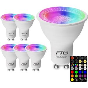 FTL GU10 LED Bulbs Color Changing Light Bulbs with Remote Control, Dimmable 2700K-6000K RGB Colored Light Bulbs 5W 40W Equivalent, 30 Colors, Timer, Spotlight for Track Lighting, 6-Pack