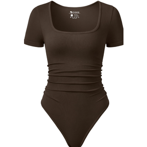 OQQ Women Bodysuits Ruched Short Sleeve Square Neck Stretch Lounge Travel Bodysuits Medium