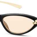 Retro Oval Cat Eye Sunglasses for Women Y2k Small Cateye Sun Glasses Womens Trendy 90s Designer Narrow Shades CS013 (Black Frame/Light Brown Lens)