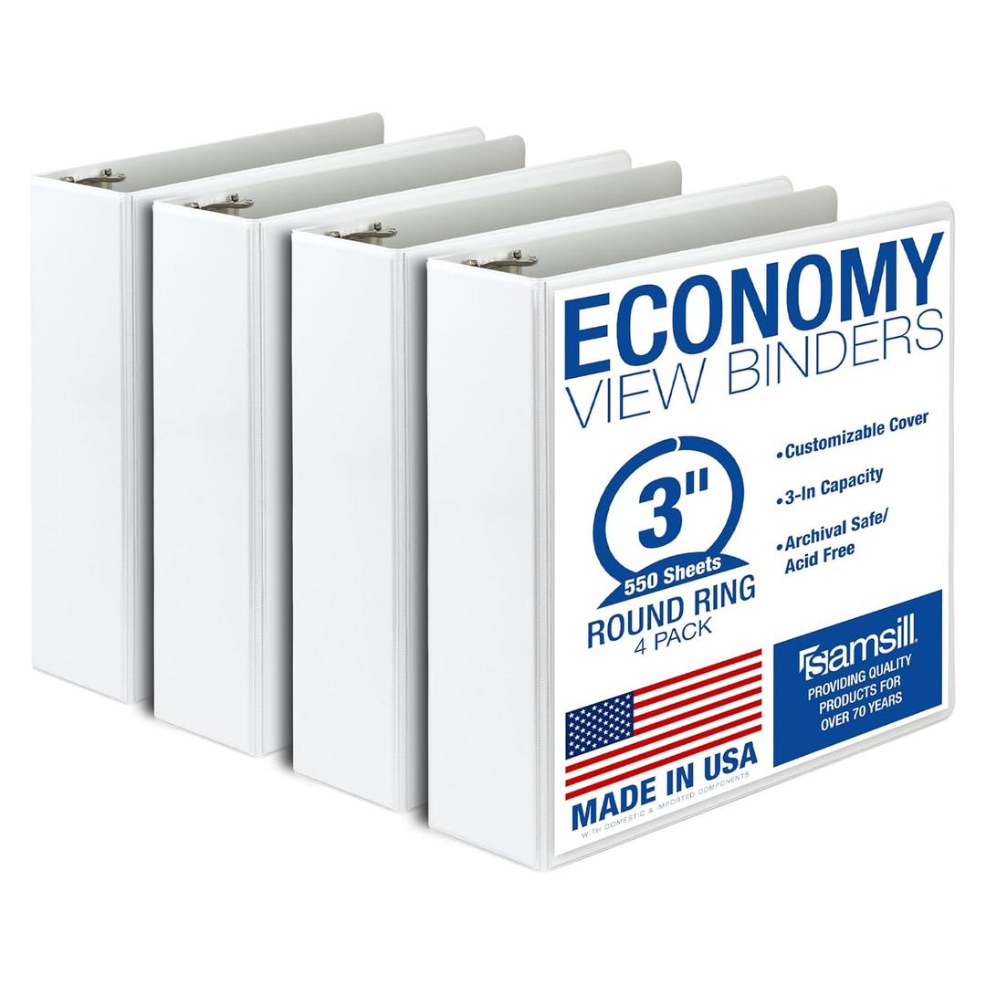 Samsill 3 Inch 3 Ring Binders, Economy Round Ring, Clear View Cover, 550 Sheet Capacity - for School, Home, Office - White, 4 Pack
