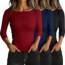 Riyiper 3 Pack Women's 3/4 Length Sleeve Tops Lettuce Trim Ribbed Boat Neck Shirts Half Slim Casual Basic Fitted Tees (X-Large, Black, Navy Blue, Wine Red)