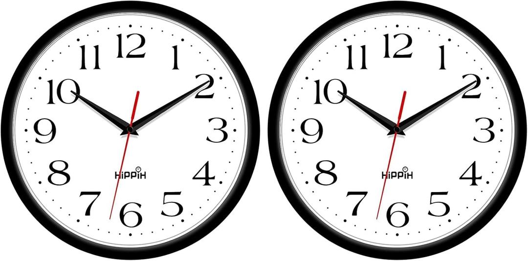 HIPPIH 2 Pack Silent Wall Clock, 10 Inch Non Ticking Quiet Digital Sweep Decorative Battery Operated Wall Clocks for Living Room Bedroom Kitchen School Office Decor, Black (With Red Second Hand)