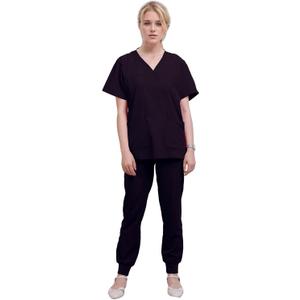 Town Scrubs for Women Scrub Set - Jogger Pant and Comfort Stretch V-Neck Easy Care Uniforms (Black, L)
