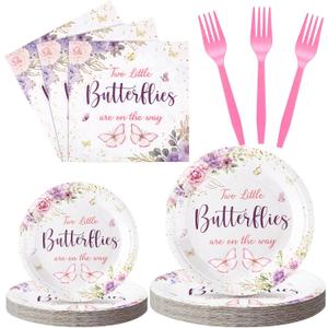 Zhehao 96 Pcs Two Little Butterflies Are on The Way Twins Baby Shower Decorations Butterfly Paper Plates Napkins Cups Knifes Forks Spoons Twins Disposable Tableware Set for Boy Birthday Party Supplies