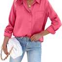 Pausus Satin Button Down Shirts for Women Long Sleeve Slim Fit Office Blouses Casual Business Silk Tops with Pocket (Large)