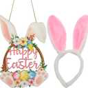 2 x Easter Bunny Door Decoration, Outside Decoration for Yard, Wooden Rabbit Spring Decorations, Floral Bunny Egg Welcome Hanging for Home Decor Party Indoor Outdoor Yard Happy Easter