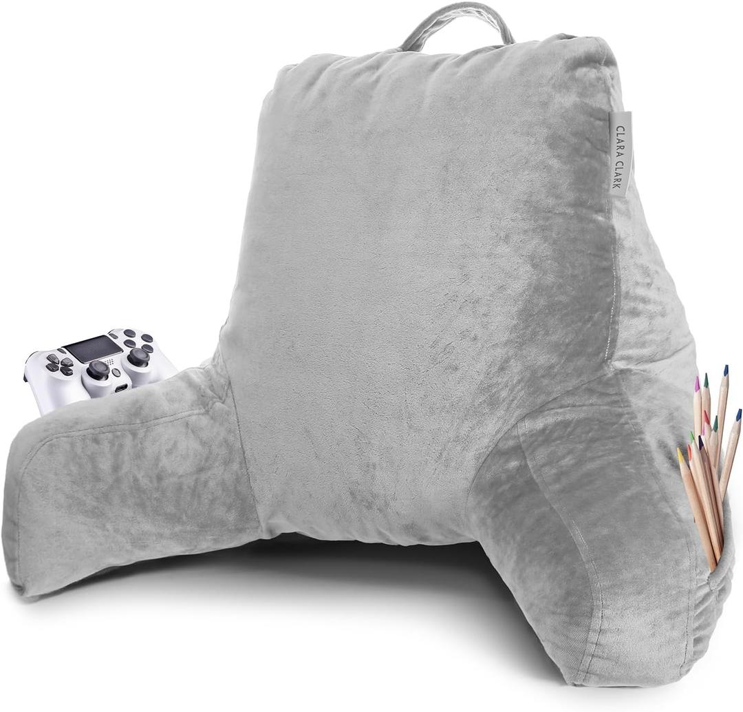 Clara Clark Reading Pillow with Shredded Memory Foam for Sitting Up in Bed and Couch, Back and Arms Adjustable Support for Adults & Teens Backrest Pillows for Reading, with Washable Cover Light Grey