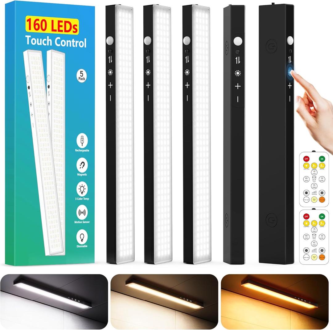5Pack Touch Control Under Cabinet Lighting, 160LED Super Bright, 4000mAh Long-Lasting, Magnetic Rechargeable Motion Sensor Under Counter Lights for Kitchen, Closet, Remote, Dimmable, 3CCTBlack